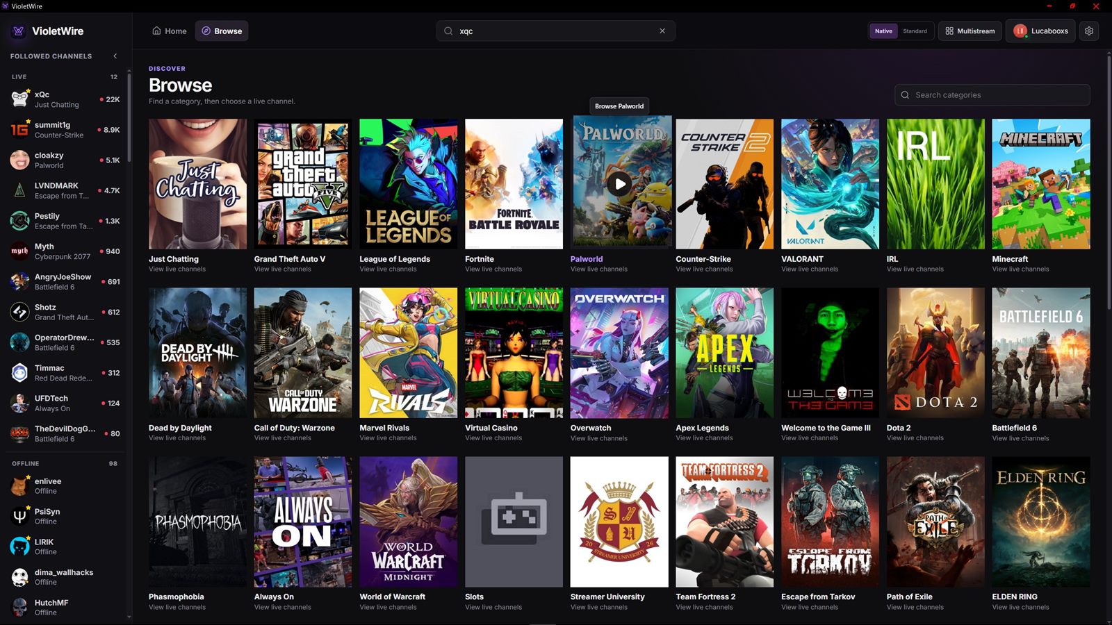 VioletWire browse page showing a grid of Twitch categories with box art and viewer counts
