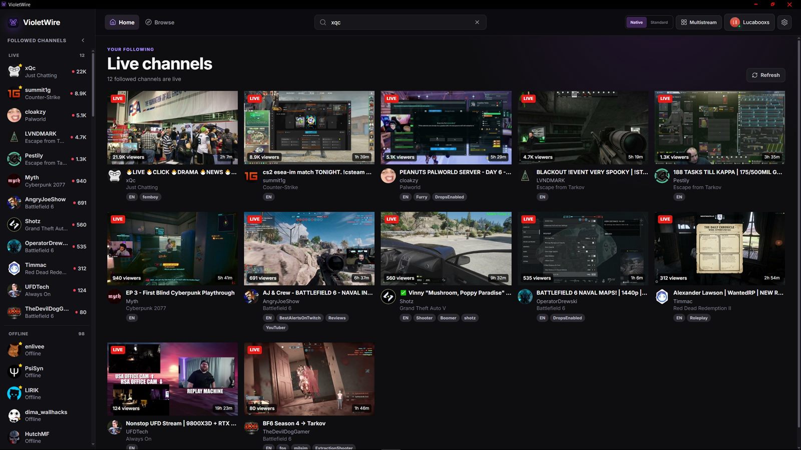 VioletWire home screen listing followed live channels as cards with thumbnails, titles, categories, and viewer counts