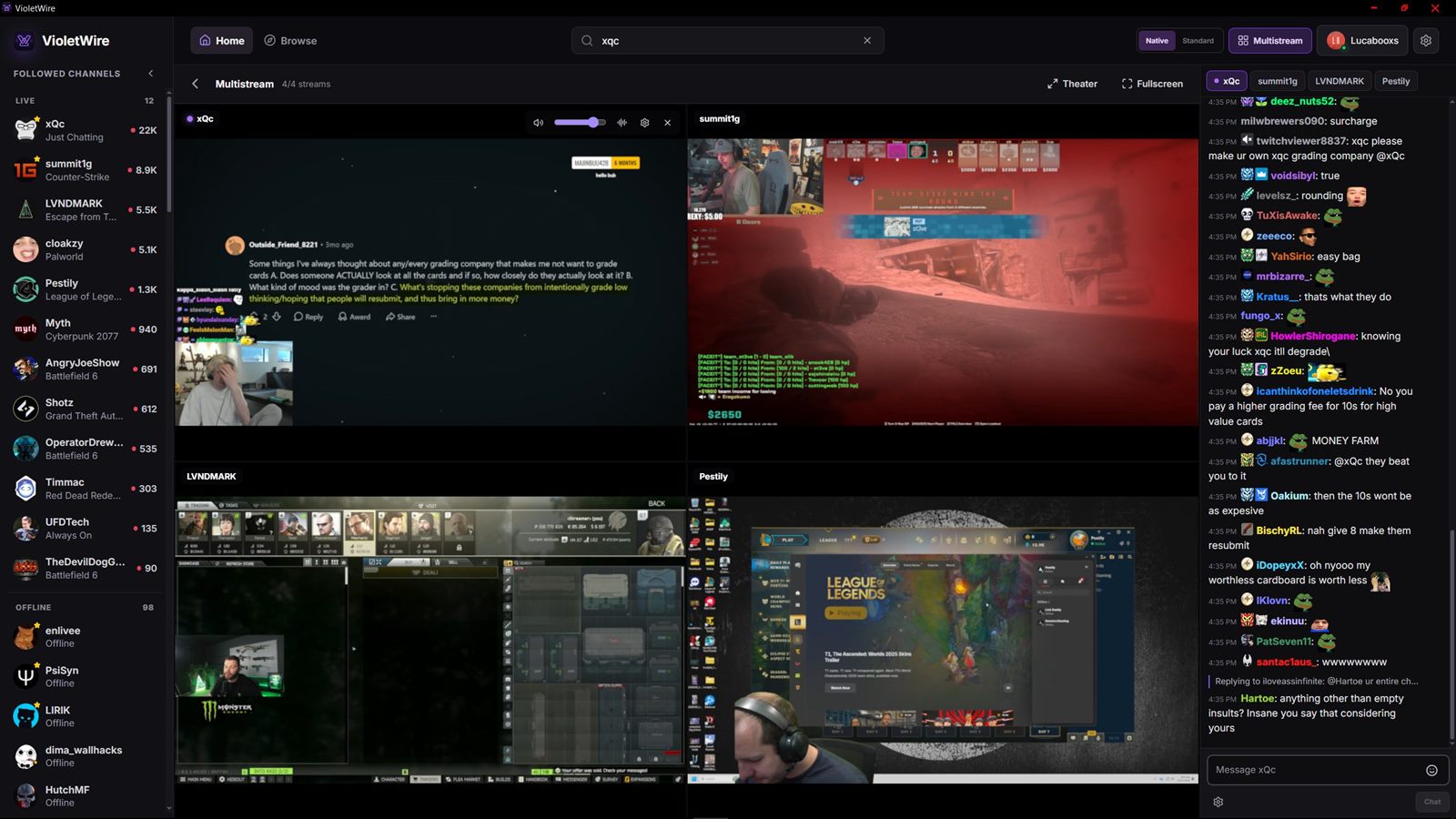 VioletWire multistream showing four streams in a two-by-two grid, with tabs above the chat panel for each channel