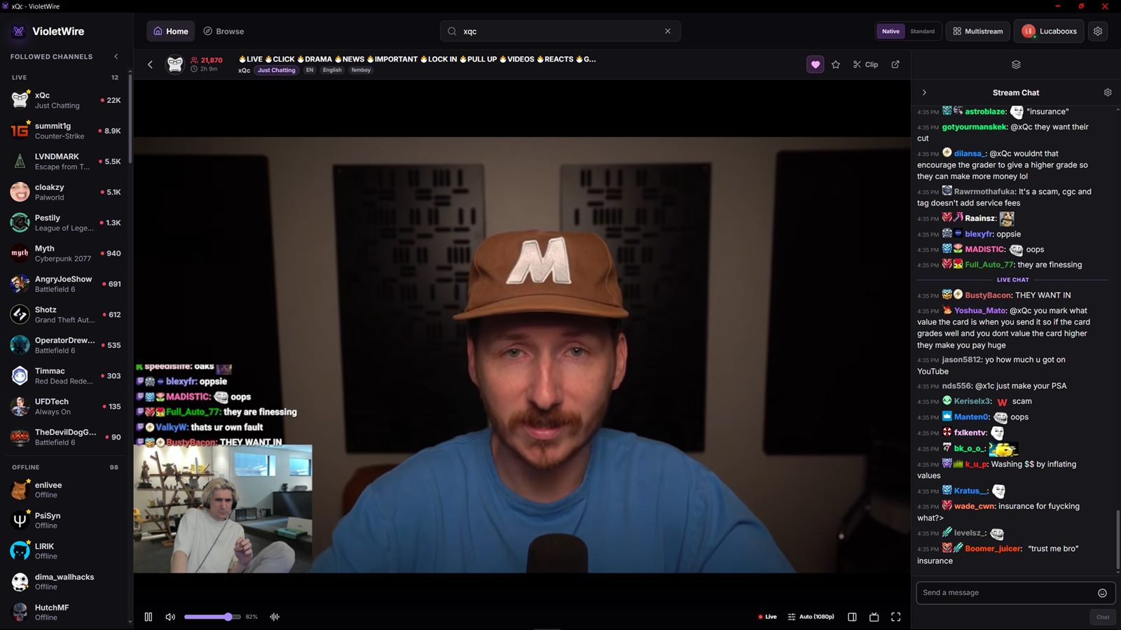 VioletWire playing a stream in its experimental Native player with chat docked beside it