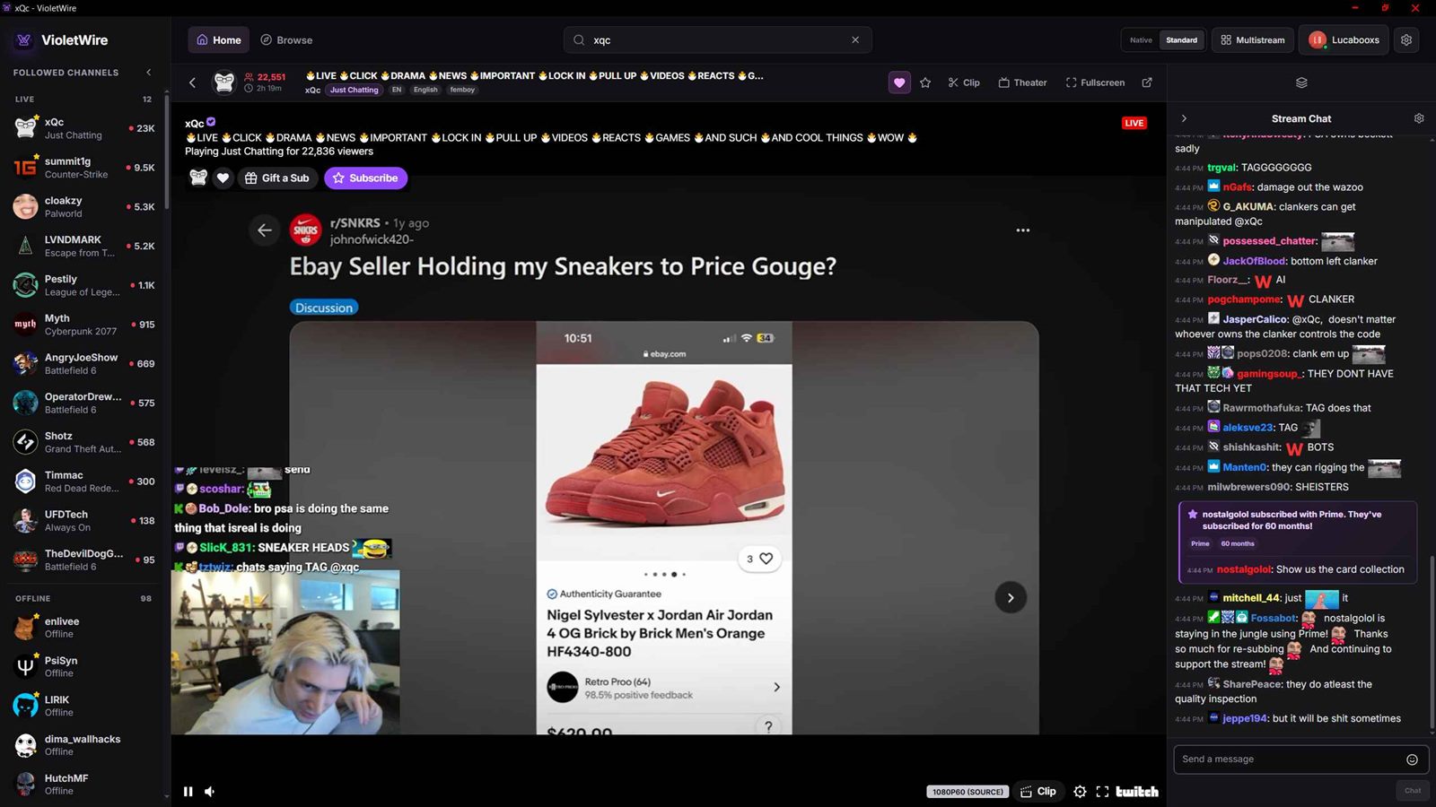 VioletWire playing a stream in the standard Twitch player with chat docked beside it